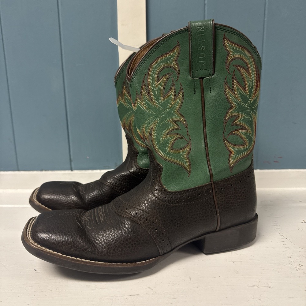 Justin Kids Youth Boots Stampede 7201JR Brown and Green Leather Size 5